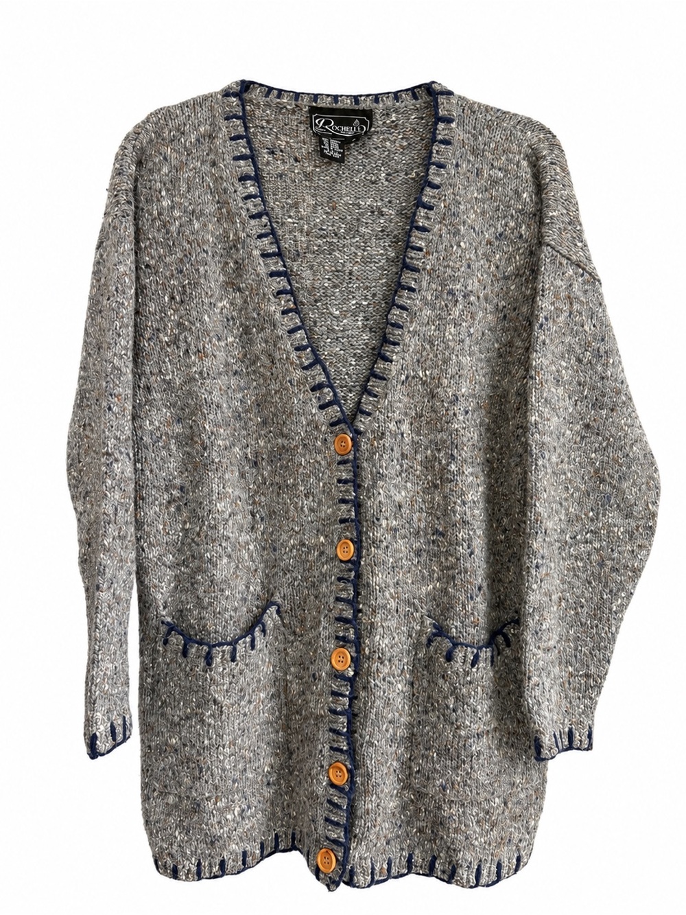 Vintage Rochelle Wool Blend Grandpa Cardigan Gray Whipstitch Oversized M